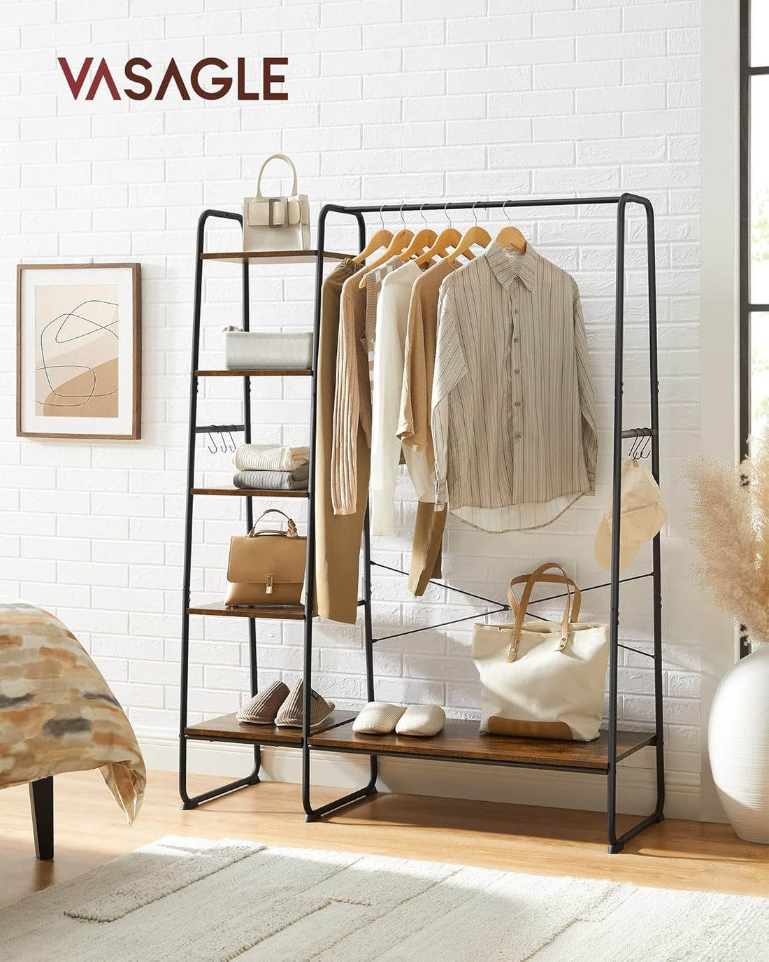 FurnStar Kledingrek met Kapstok – Open Kledingkast – 5 Planken – 6 S-haken – Kledingroede – Schoenenrek – 45 x 120 x 160 cm – Voor Slaapkamer & Hal