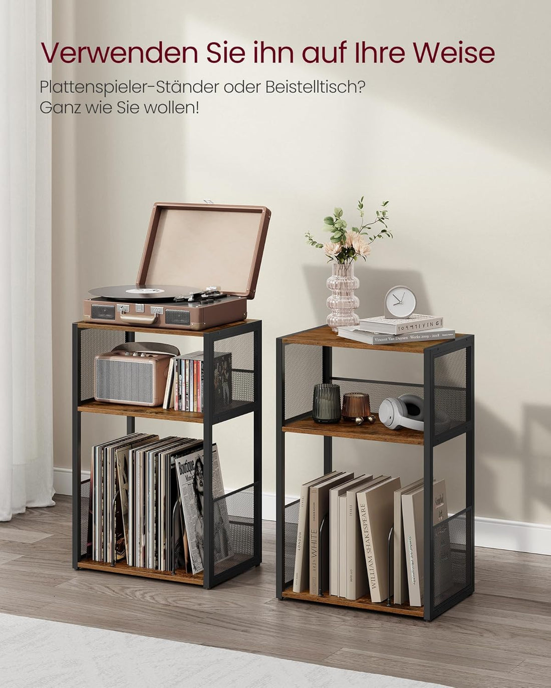 Furnstar Platenspeler Standaard – 3 Etages – Bijzettafel & Opbergrek voor Vinylplaten – Tot 100 LP’s – Voor Woonkamer of Slaapkamer