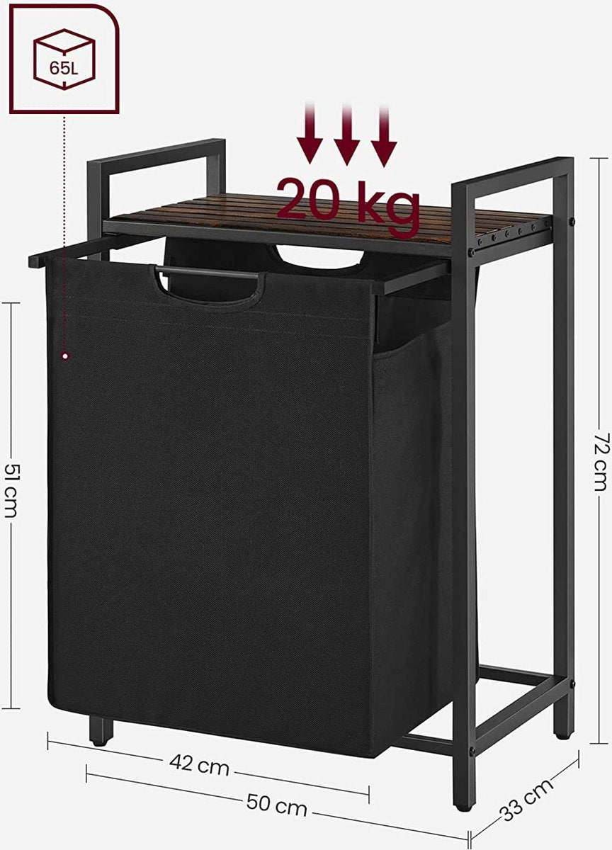 FurnStar - Wasmand - Was emmer Met Plank - Wasbox - Waszak Van Oxford Stof - Uitschuifbaar Verwijderbaar - Metalen Frame - 65 L - 50 x 33 x 72 cm - Vintage Bruin-Zwart
