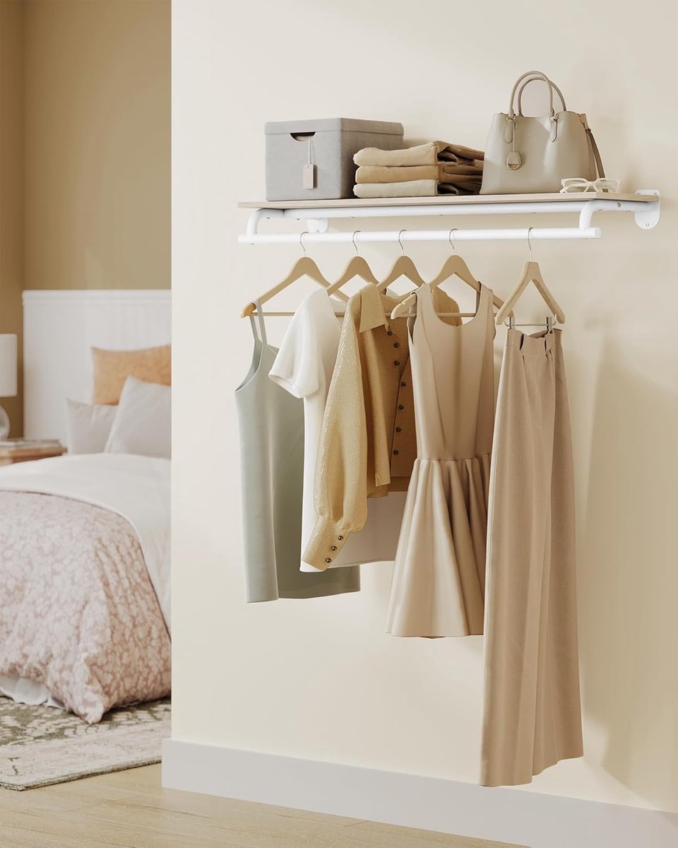 Furnstar Wandgarderobe - Wandrek met Kledingstang - Totale Belastbaarheid 60 kg - Natuurlijk beige + wolkenwit - 28 x 109 x 13,2 cm - Voor Slaapkamer, Kleedkamer of Entree