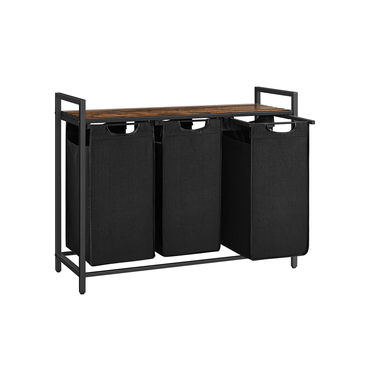 Furnstar Wasmand met 3 Vakken en Plank – Wassorteerder met Uitneembare Waszakken – Wasrek met Metalen Frame – Rustiek Bruin/Zwart