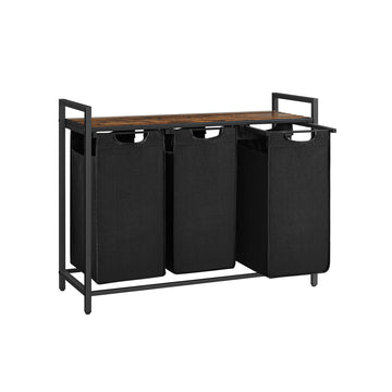 Furnstar Wasmand met 3 Vakken en Plank – Wassorteerder met Uitneembare Waszakken – Wasrek met Metalen Frame – Rustiek Bruin/Zwart