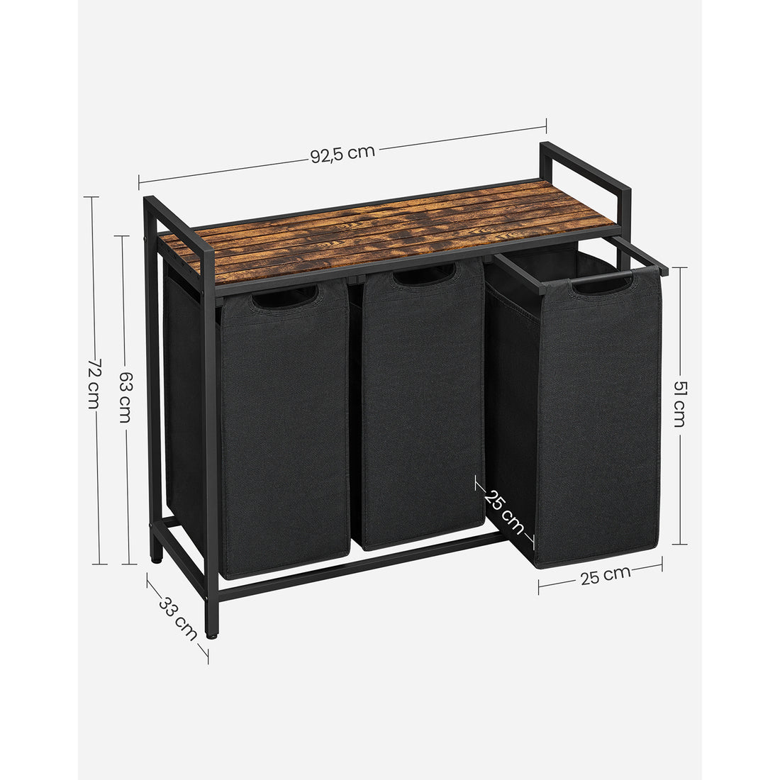 Furnstar Wasmand met 3 Vakken en Plank – Wassorteerder met Uitneembare Waszakken – Wasrek met Metalen Frame – Rustiek Bruin/Zwart