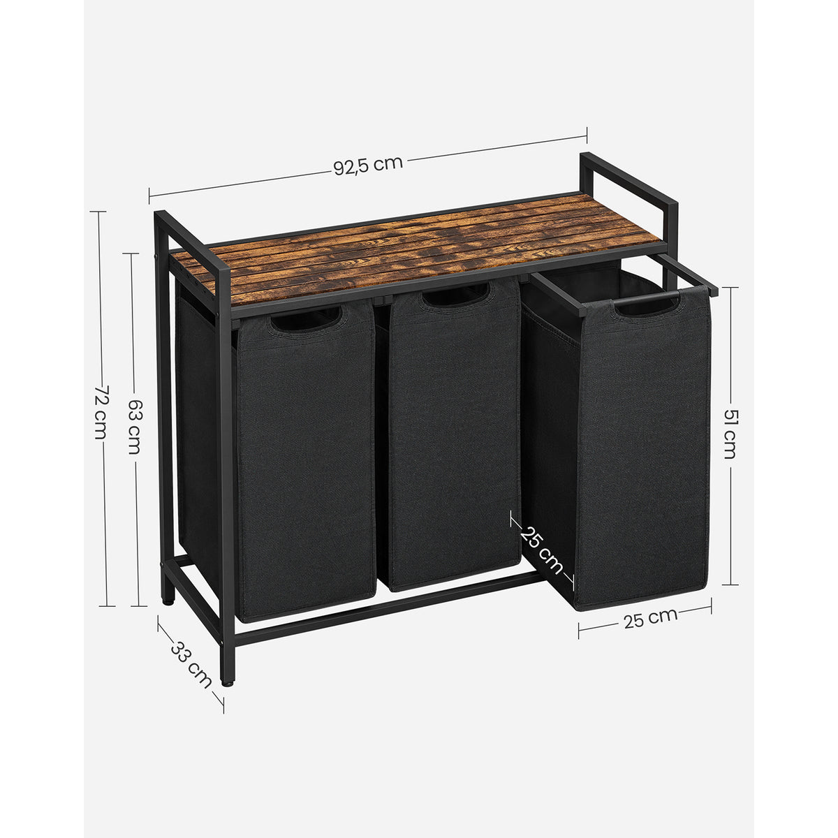 Furnstar Wasmand met 3 Vakken en Plank – Wassorteerder met Uitneembare Waszakken – Wasrek met Metalen Frame – Rustiek Bruin/Zwart