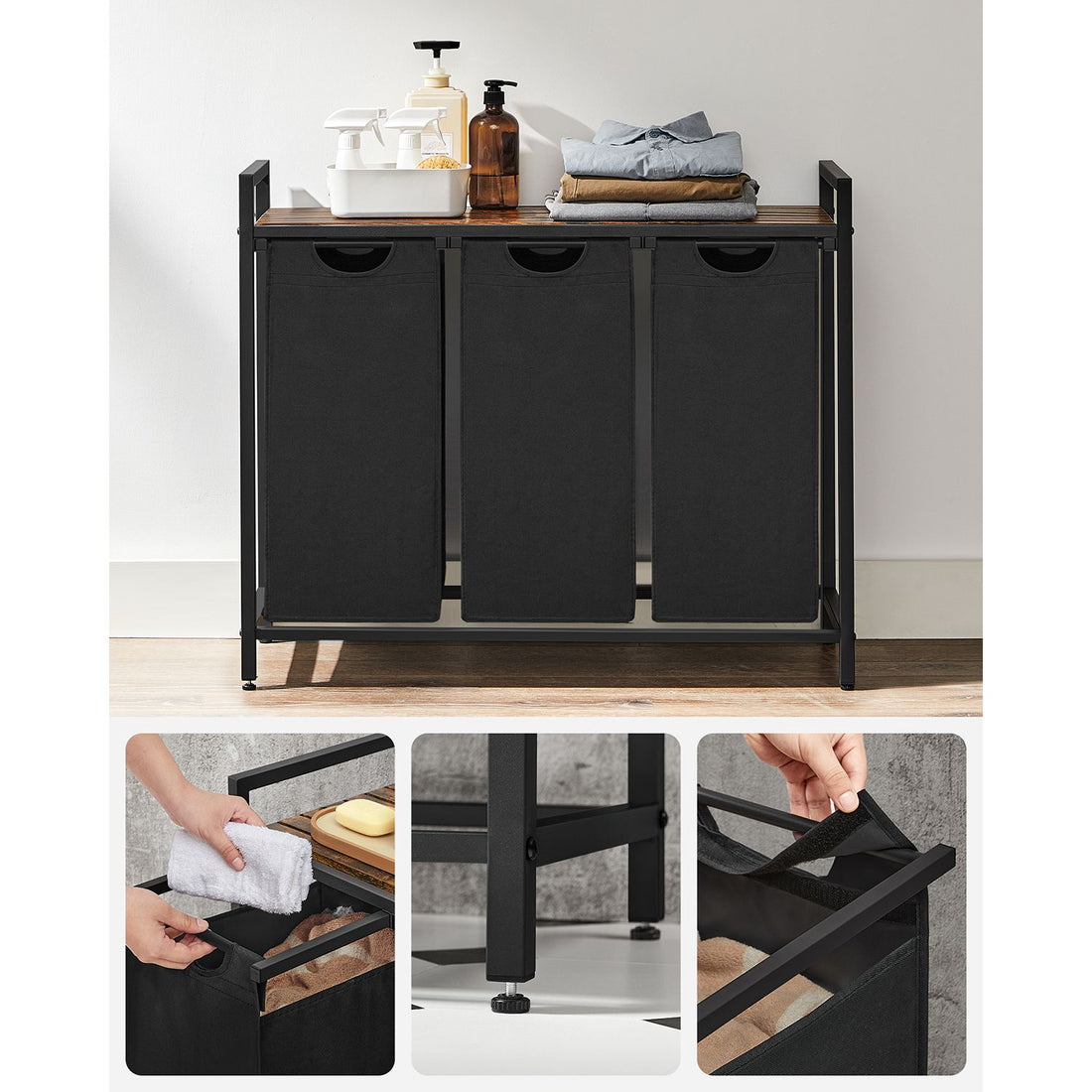 Furnstar Wasmand met 3 Vakken en Plank – Wassorteerder met Uitneembare Waszakken – Wasrek met Metalen Frame – Rustiek Bruin/Zwart