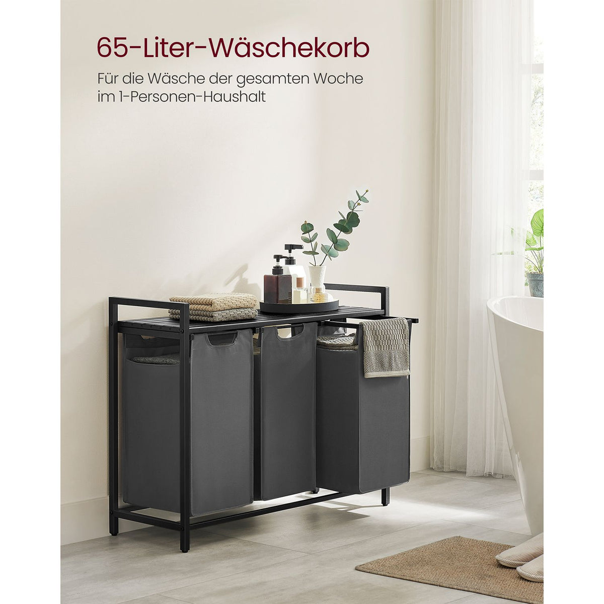 Furnstar Wasmand met 3 Vakken en Plank – Wassorteerder met Uitneembare Waszakken – Wasrek met Metalen Frame – Rustiek Bruin/Zwart