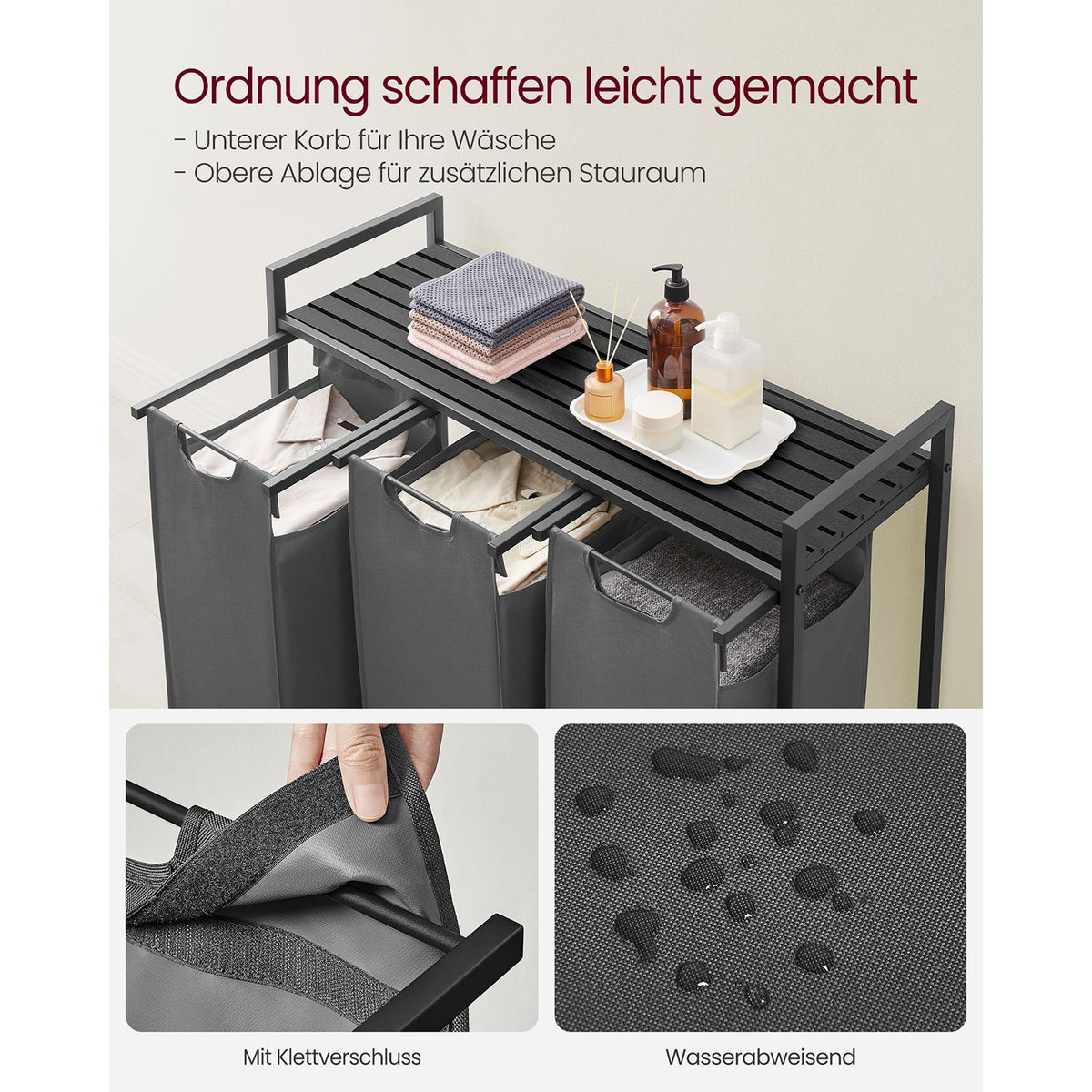 Furnstar Wasmand met 3 Vakken en Plank – Wassorteerder met Uitneembare Waszakken – Wasrek met Metalen Frame – Rustiek Bruin/Zwart