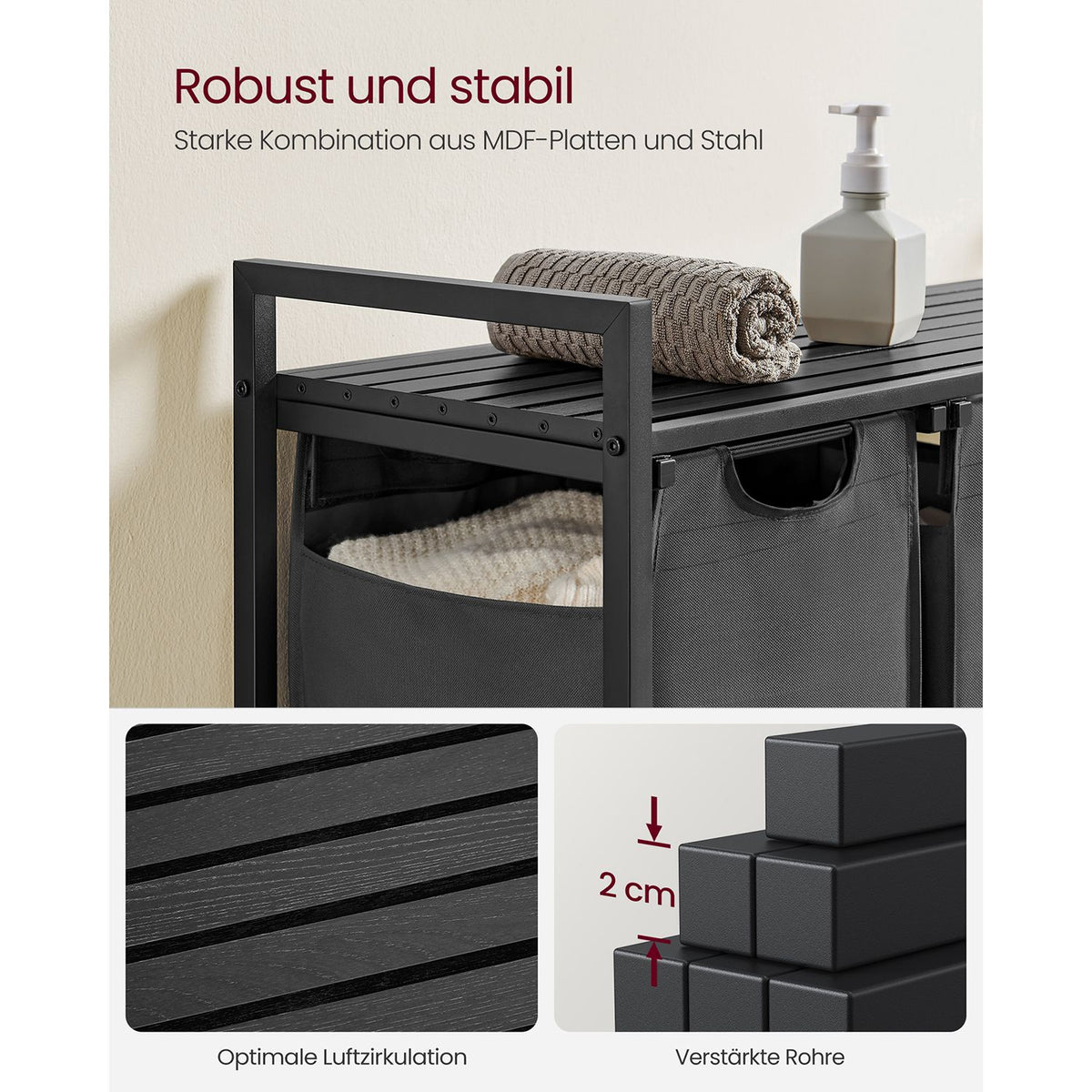 Furnstar Wasmand met 3 Vakken en Plank – Wassorteerder met Uitneembare Waszakken – Wasrek met Metalen Frame – Rustiek Bruin/Zwart