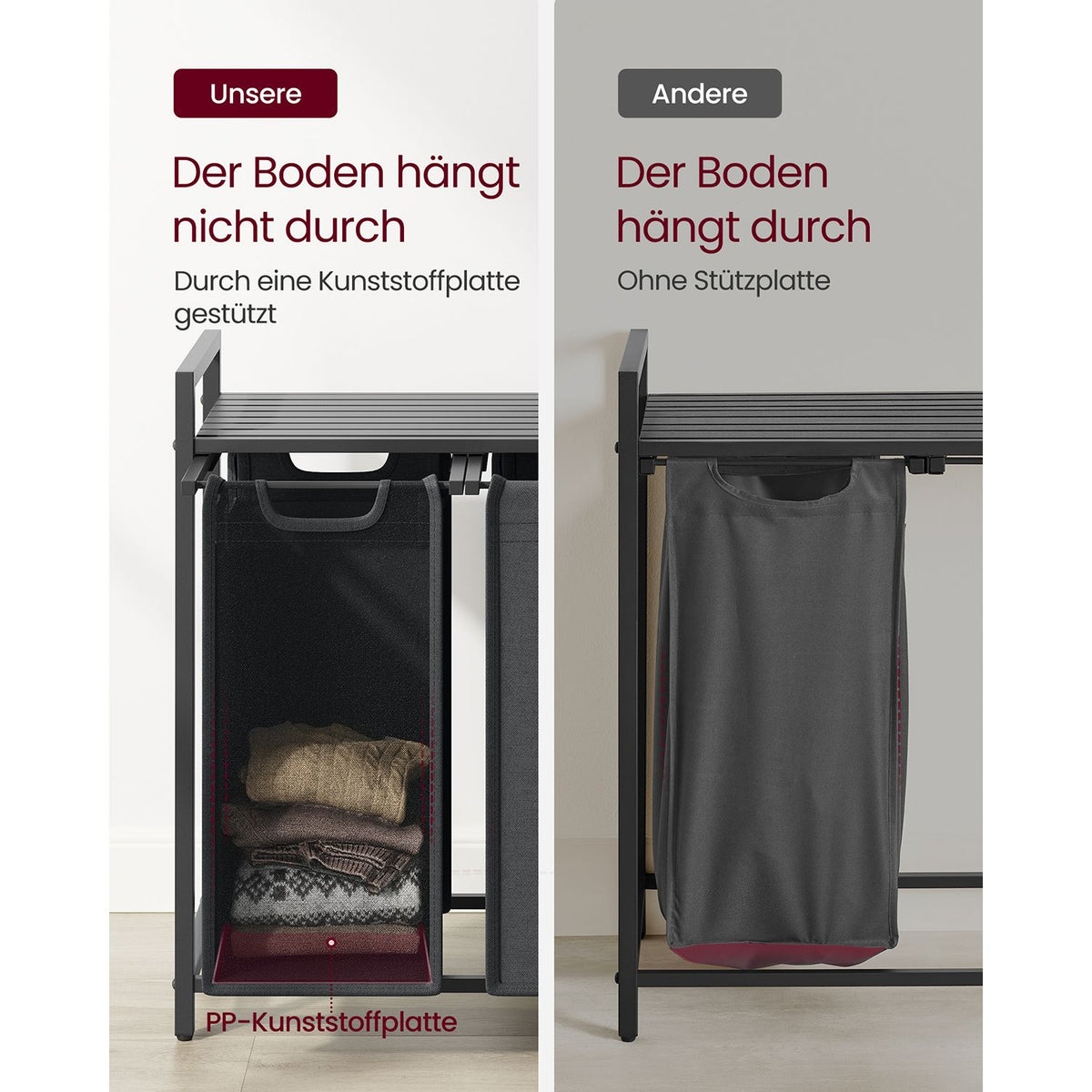 Furnstar Wasmand met 3 Vakken en Plank – Wassorteerder met Uitneembare Waszakken – Wasrek met Metalen Frame – Rustiek Bruin/Zwart