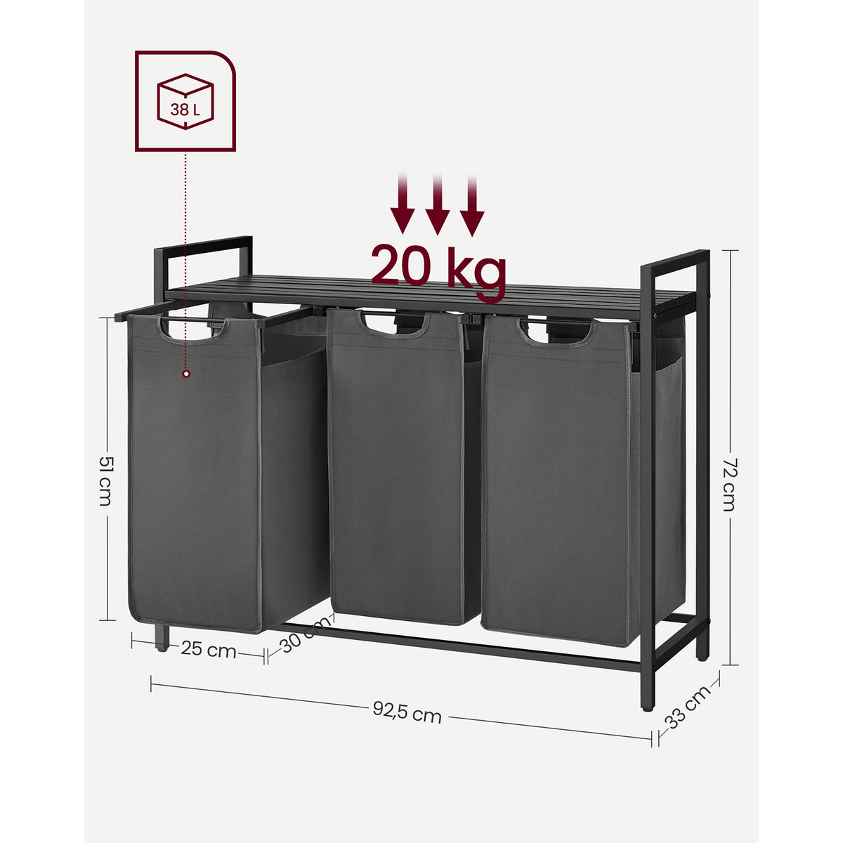 Furnstar Wasmand met 3 Vakken en Plank – Wassorteerder met Uitneembare Waszakken – Wasrek met Metalen Frame – Rustiek Bruin/Zwart