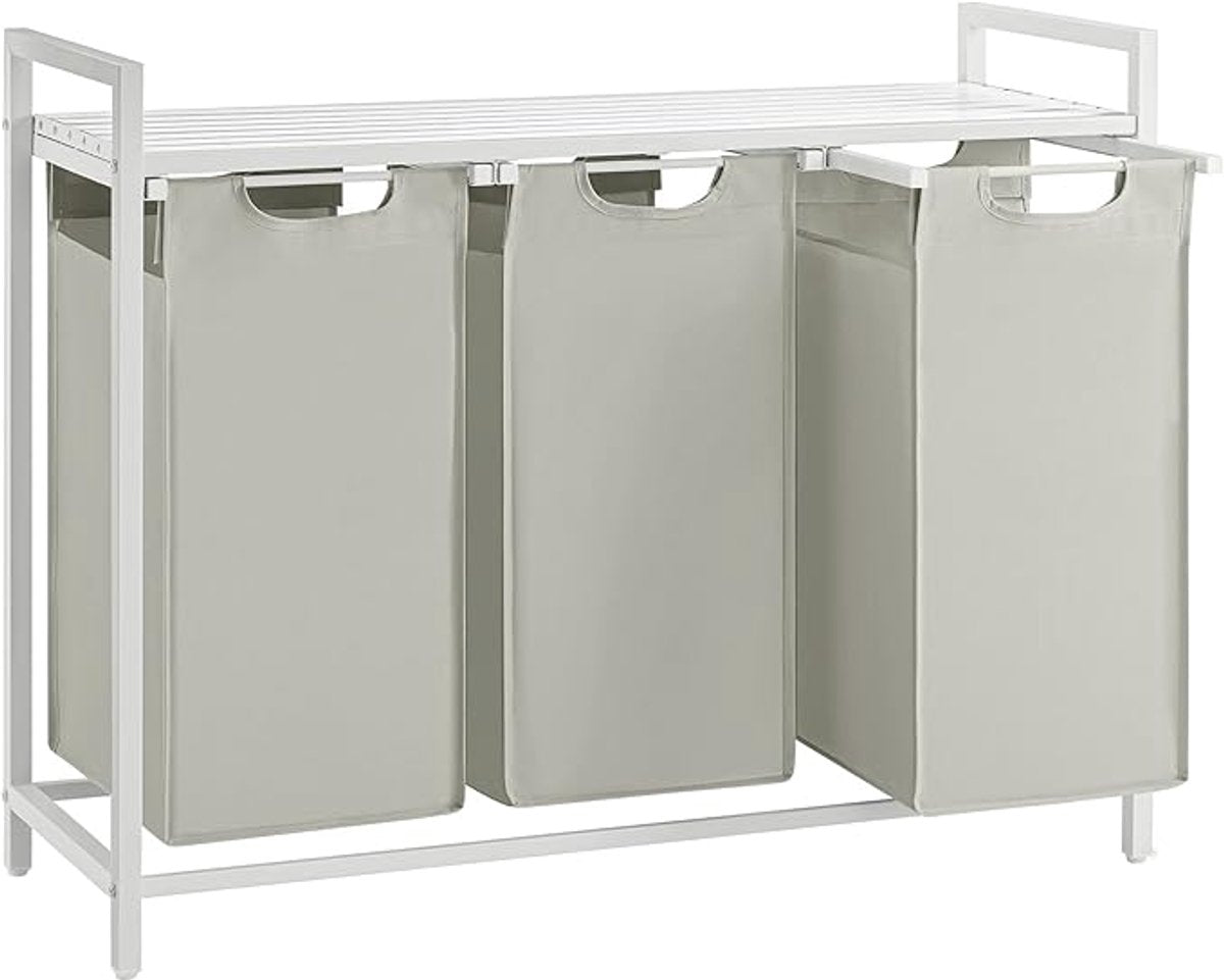 Furnstar Wasmand met 3 Vakken en Plank – Wassorteerder met Uitneembare Waszakken – Wasrek met Metalen Frame – Rustiek Bruin/Zwart