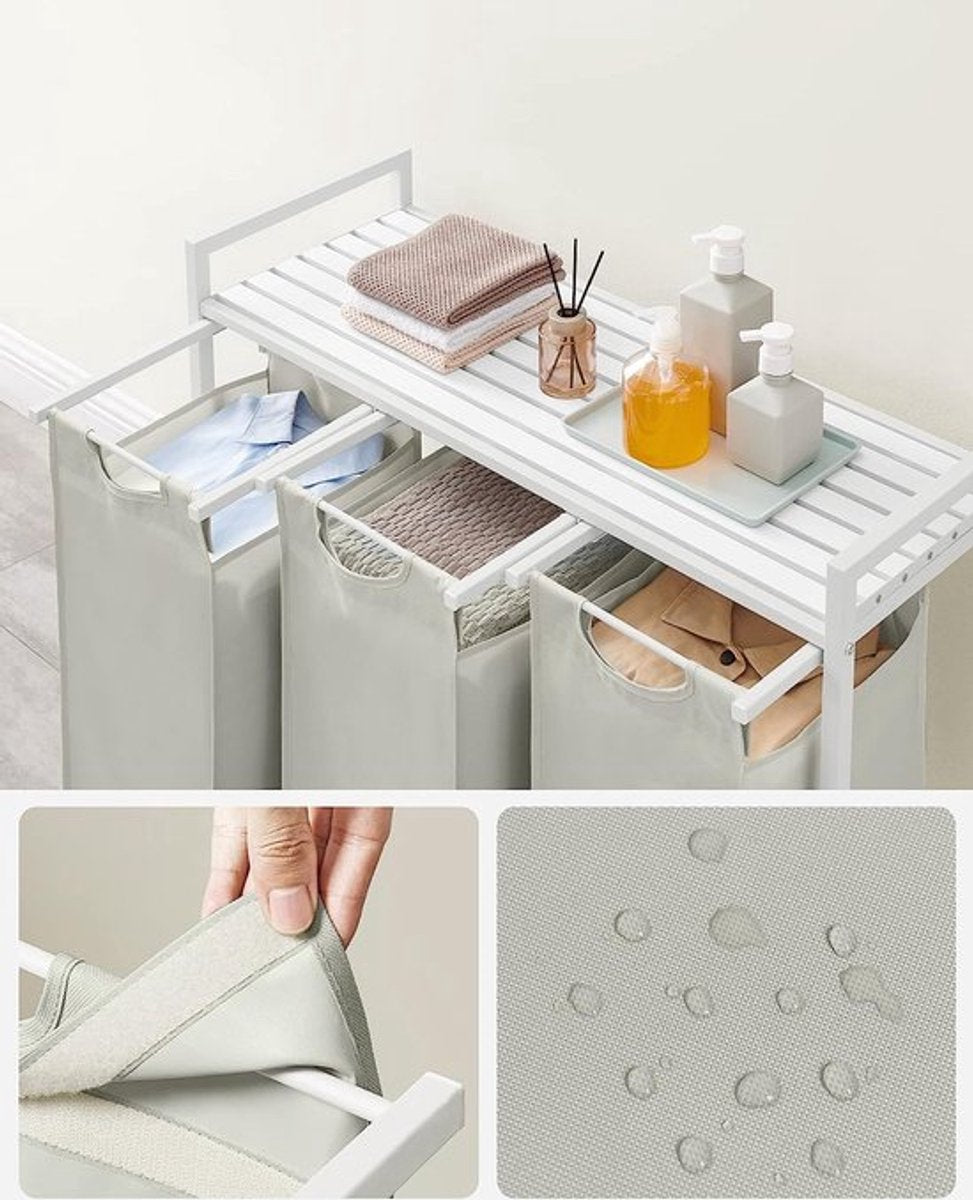 Furnstar Wasmand met 3 Vakken en Plank – Wassorteerder met Uitneembare Waszakken – Wasrek met Metalen Frame – Rustiek Bruin/Zwart