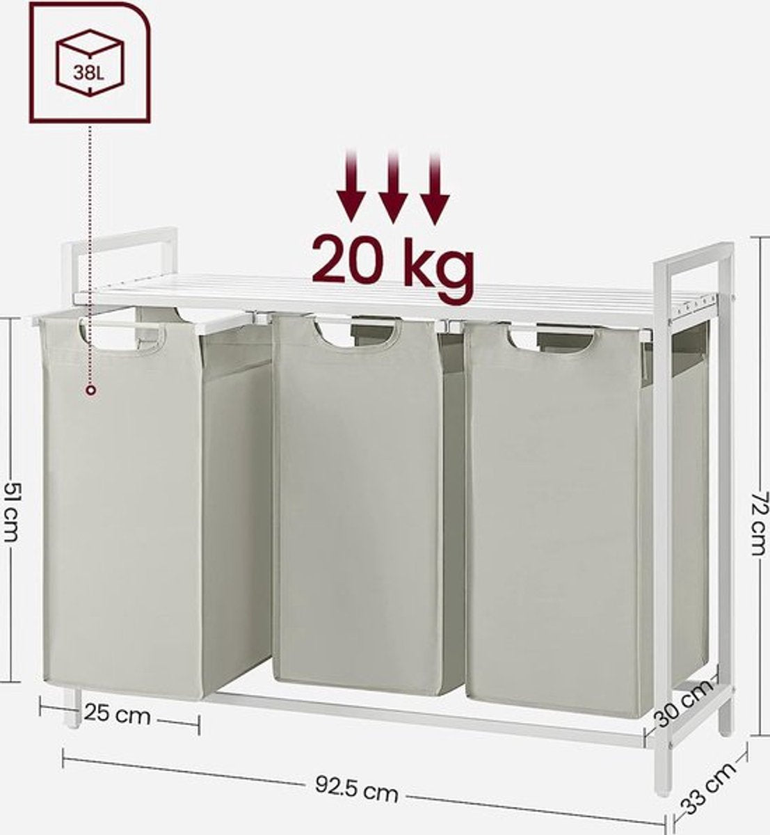 Furnstar Wasmand met 3 Vakken en Plank – Wassorteerder met Uitneembare Waszakken – Wasrek met Metalen Frame – Rustiek Bruin/Zwart