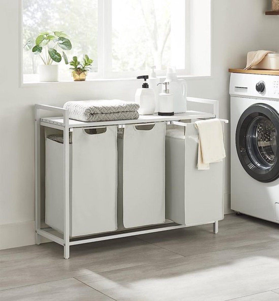 Furnstar Wasmand met 3 Vakken en Plank – Wassorteerder met Uitneembare Waszakken – Wasrek met Metalen Frame – Rustiek Bruin/Zwart