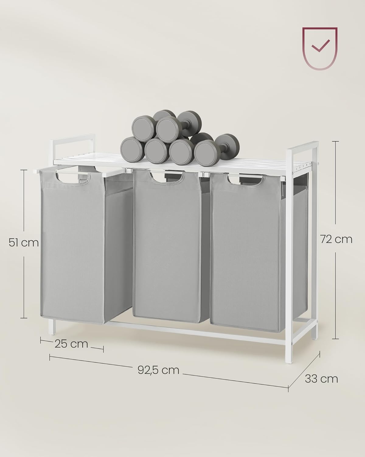 Furnstar Wasmand met 3 Vakken en Plank – Wassorteerder met Uitneembare Waszakken – Wasrek met Metalen Frame – Rustiek Bruin/Zwart