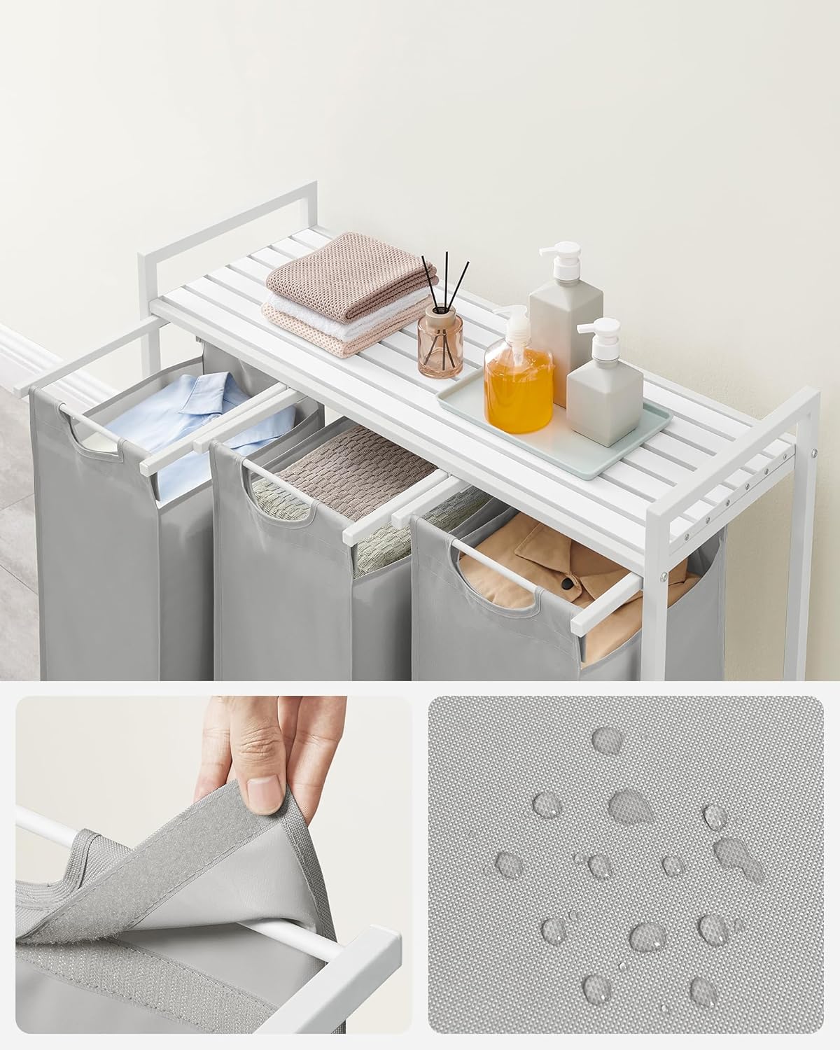 Furnstar Wasmand met 3 Vakken en Plank – Wassorteerder met Uitneembare Waszakken – Wasrek met Metalen Frame – Rustiek Bruin/Zwart