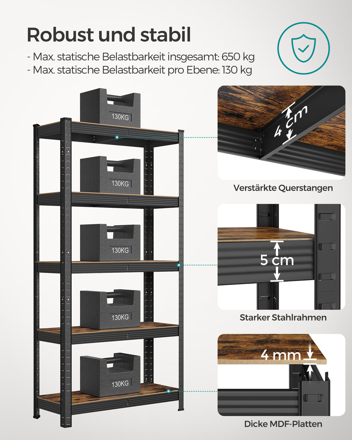 FurnStar opbergrek - 5 Planken - Monteren zonder schroeven - 650 kg - 150x75x30cm