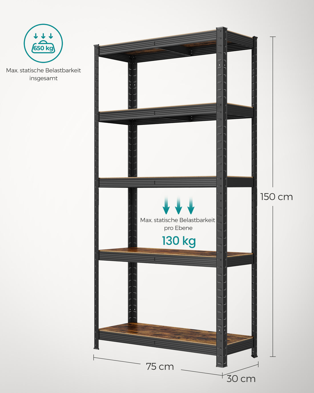 FurnStar opbergrek - 5 Planken - Monteren zonder schroeven - 650 kg - 150x75x30cm