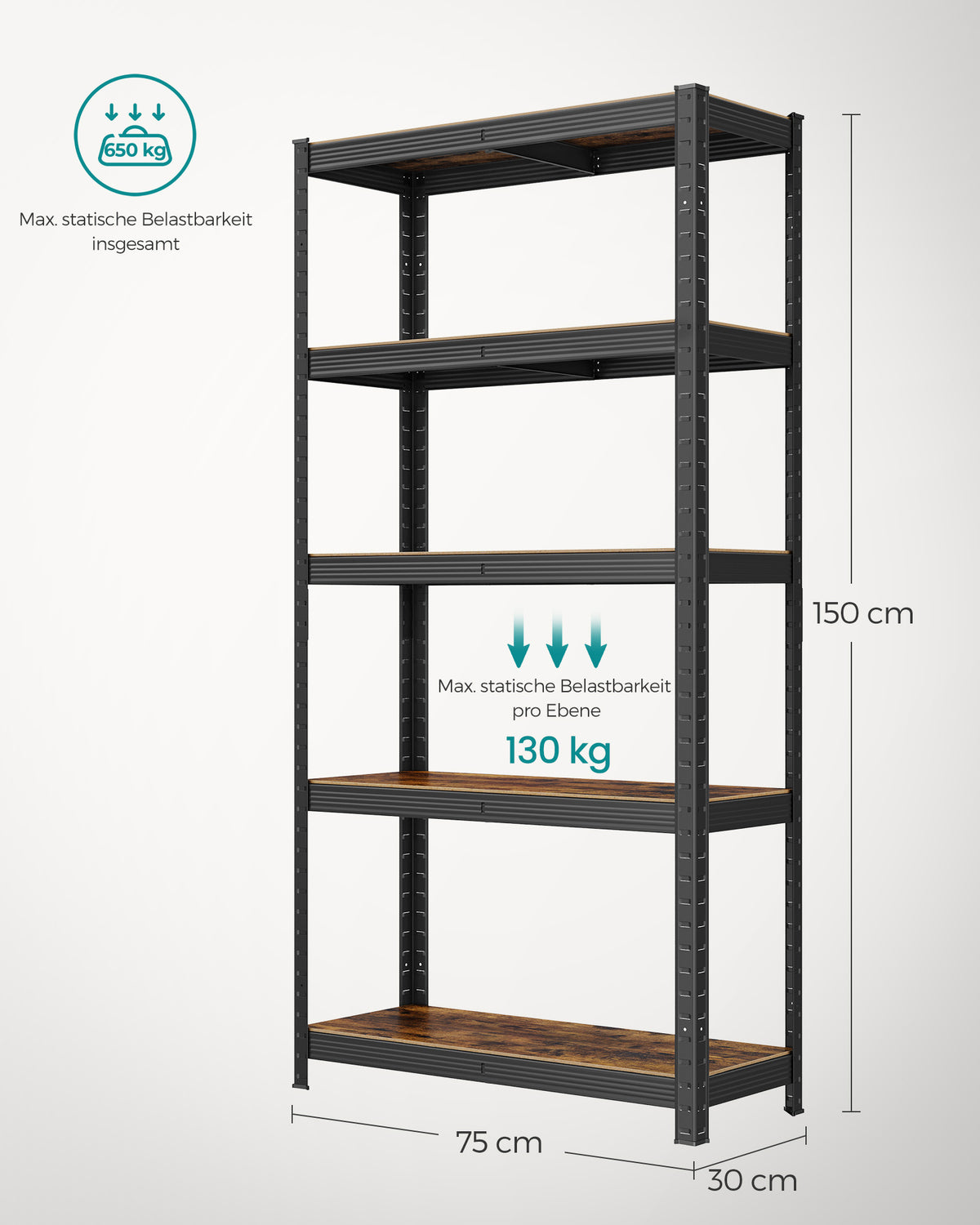 FurnStar opbergrek - 5 Planken - Monteren zonder schroeven - 650 kg - 150x75x30cm