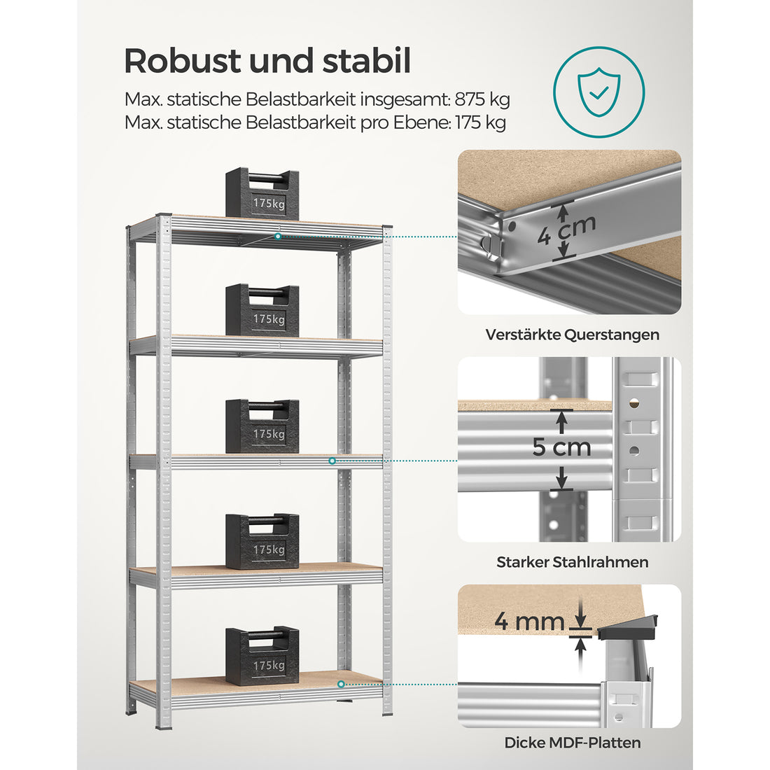 FurnStar opbergrek - 5 Planken - 2 Stuk - Monteren zonder schroeven - 875 kg - 180x90x40cm - Grijs