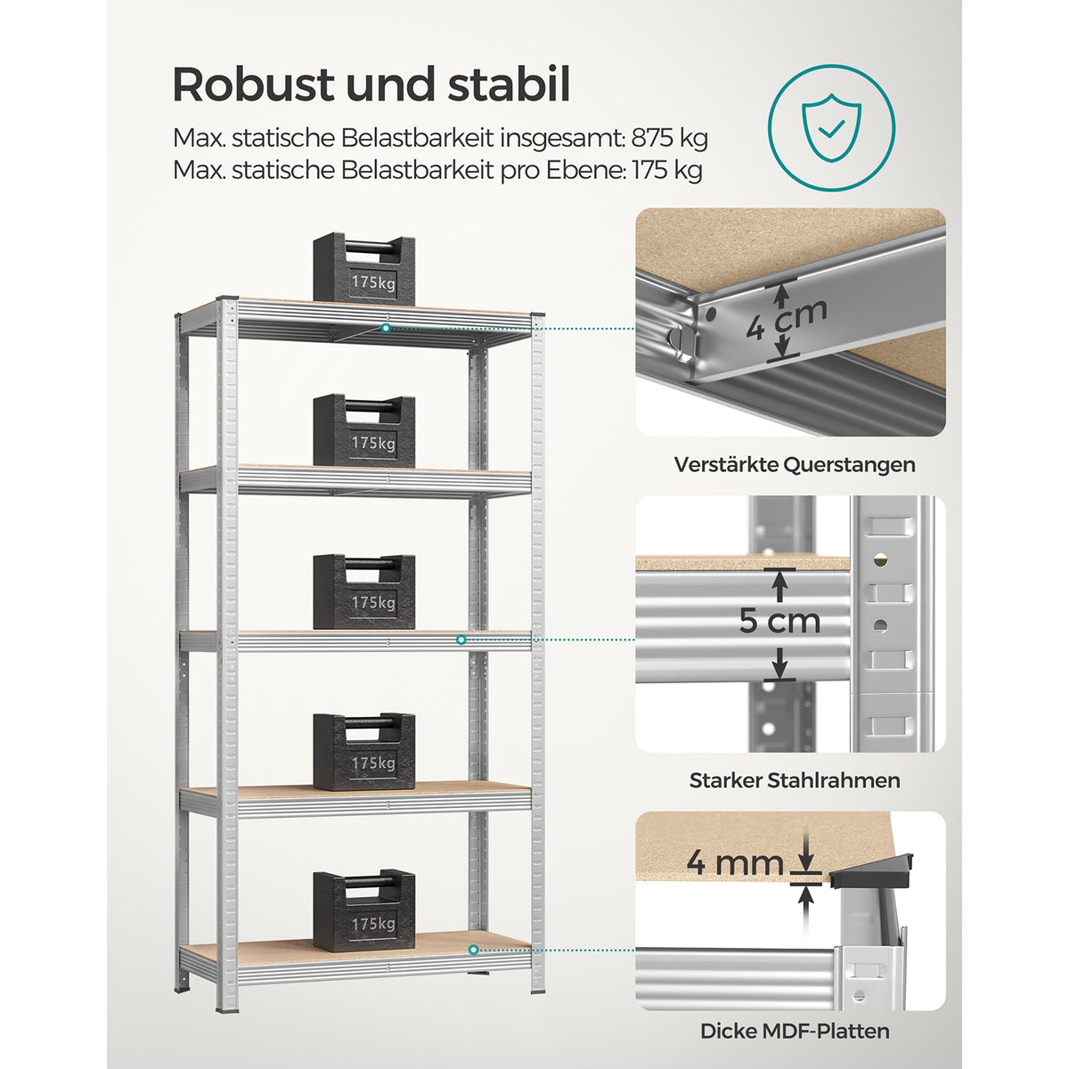 FurnStar opbergrek - 5 Planken - 2 Stuk - Monteren zonder schroeven - 875 kg - 180x90x40cm - Grijs
