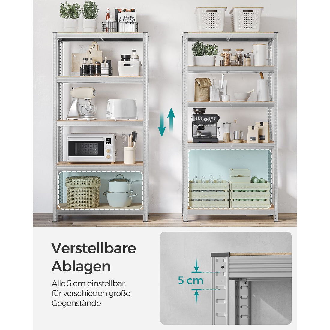 FurnStar opbergrek - 5 Planken - 2 Stuk - Monteren zonder schroeven - 875 kg - 180x90x40cm - Grijs
