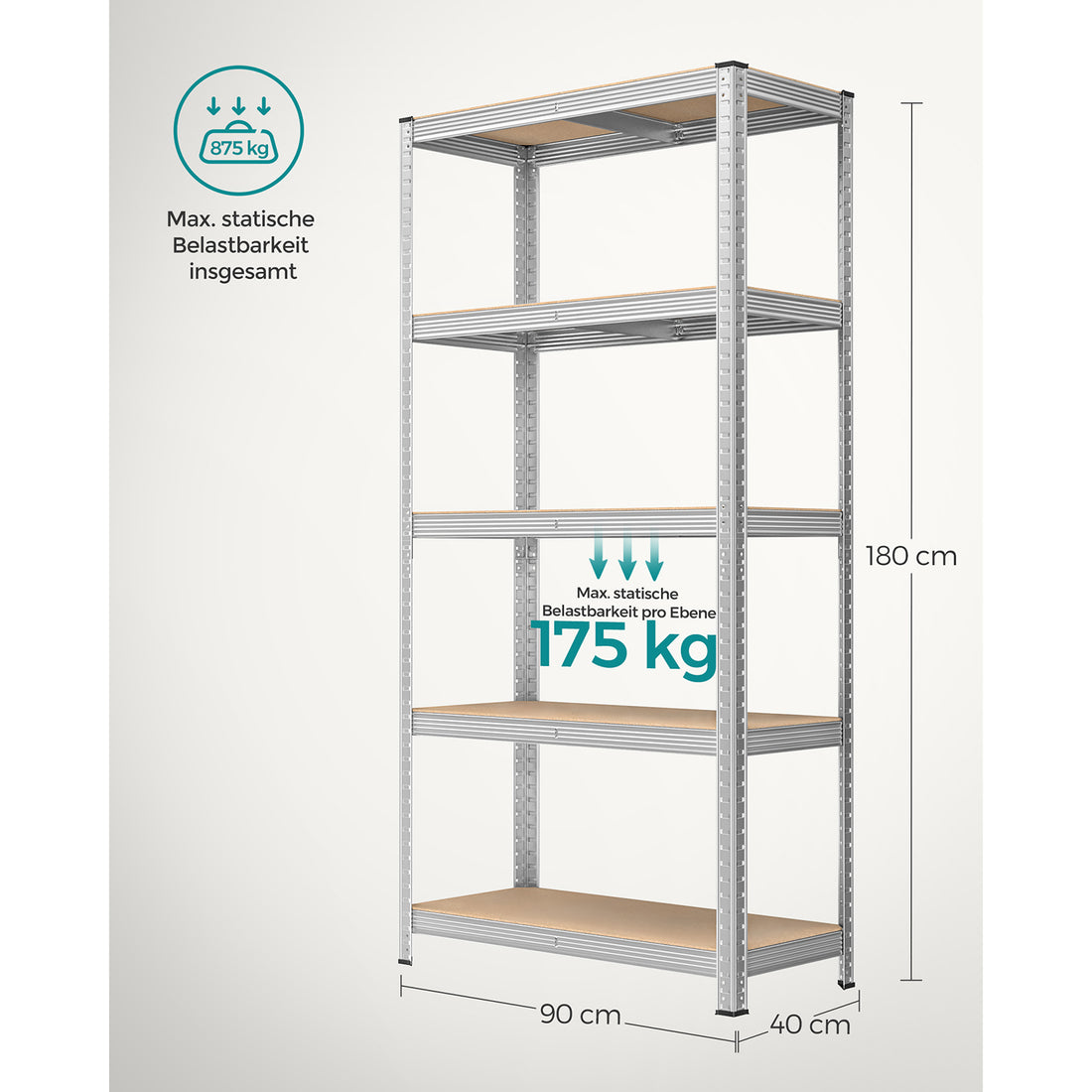 FurnStar opbergrek - 5 Planken - 2 Stuk - Monteren zonder schroeven - 875 kg - 180x90x40cm - Grijs