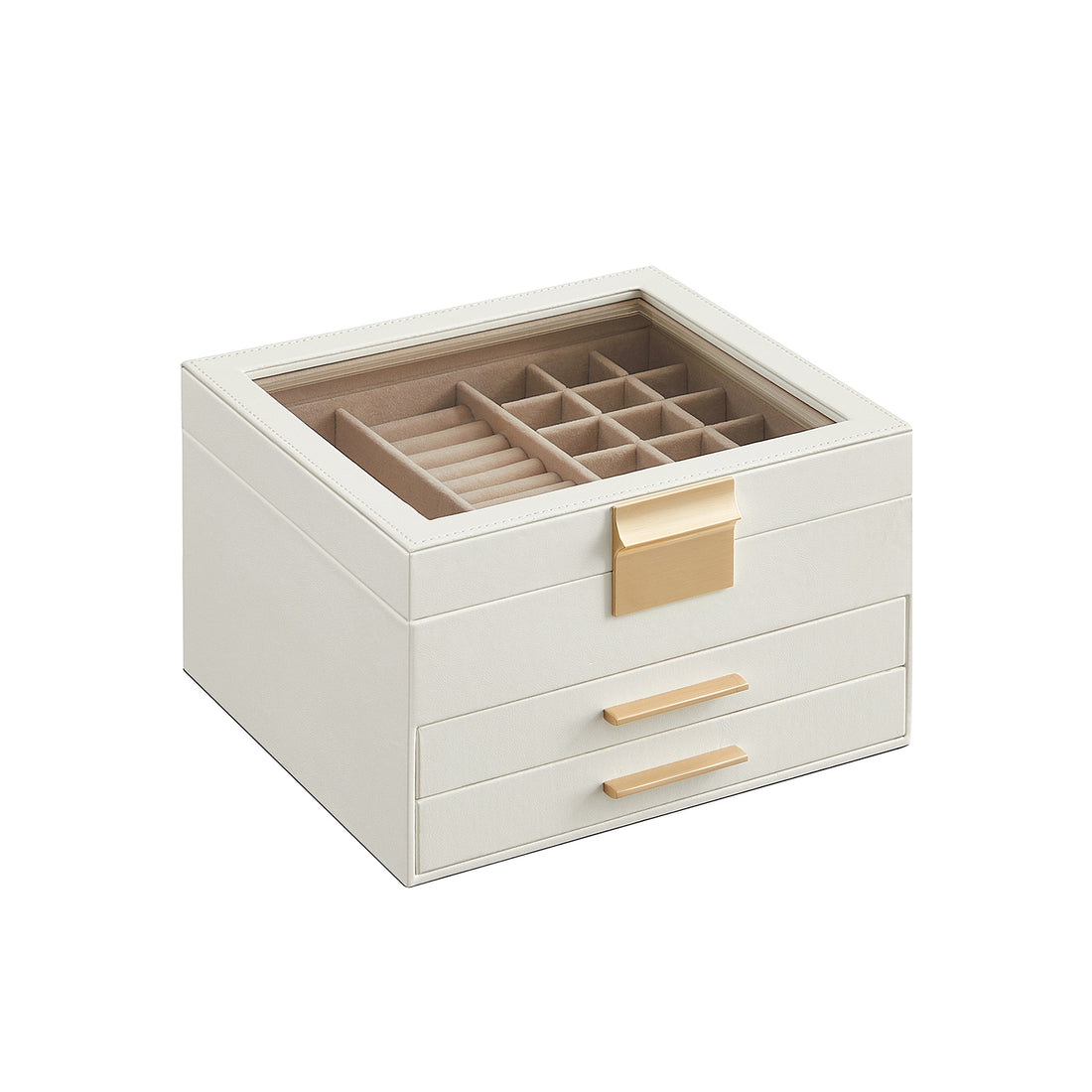 FurnSar - Sieradendoos met glazen deksel - 3-laags sieradenorganizer met 2 lades - Cadeau-ideeWolkwit /Goud