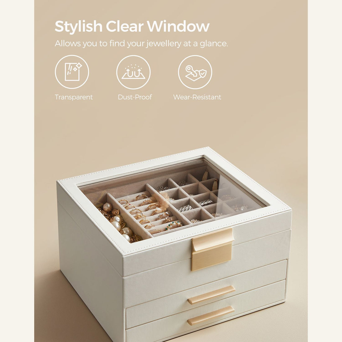 FurnSar - Sieradendoos met glazen deksel - 3-laags sieradenorganizer met 2 lades - Cadeau-ideeWolkwit /Goud