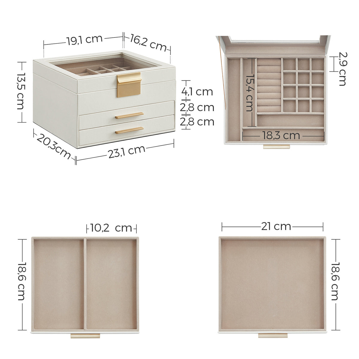 FurnSar - Sieradendoos met glazen deksel - 3-laags sieradenorganizer met 2 lades - Cadeau-ideeWolkwit /Goud