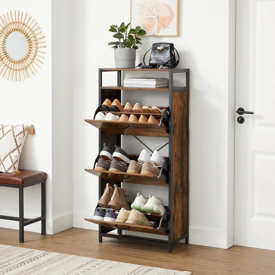 FurnStar schoenenkast - 3 klapdeuren - 60x30x130cm - Bruin