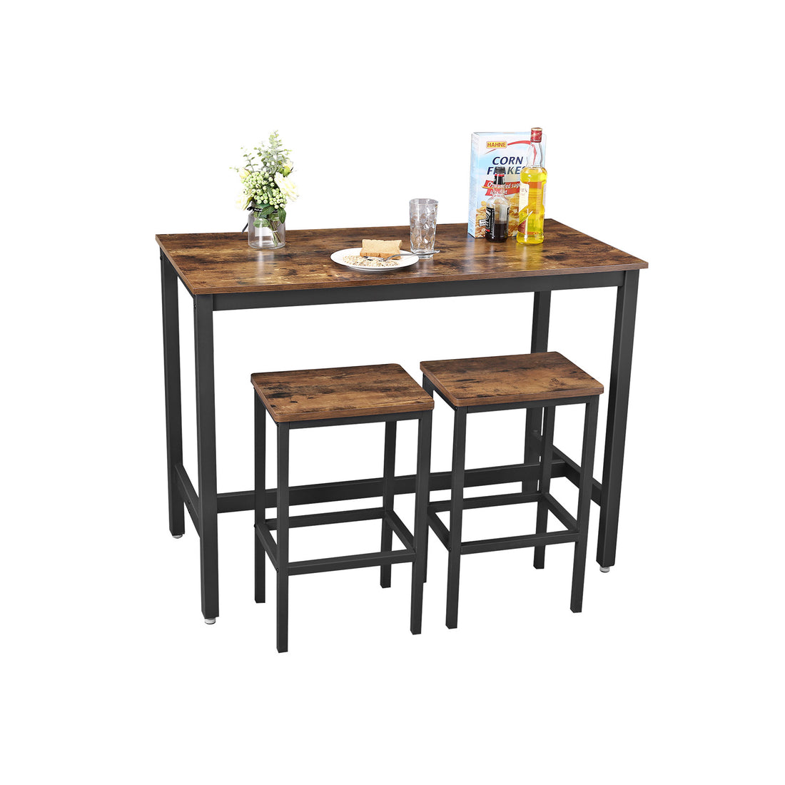 FurnStar - Bartafel Set met 2 Barkrukken – Eettafel Set – Industrieel Design – 120x60x90cm / 40x30x65cm-  Rustiek Bruin