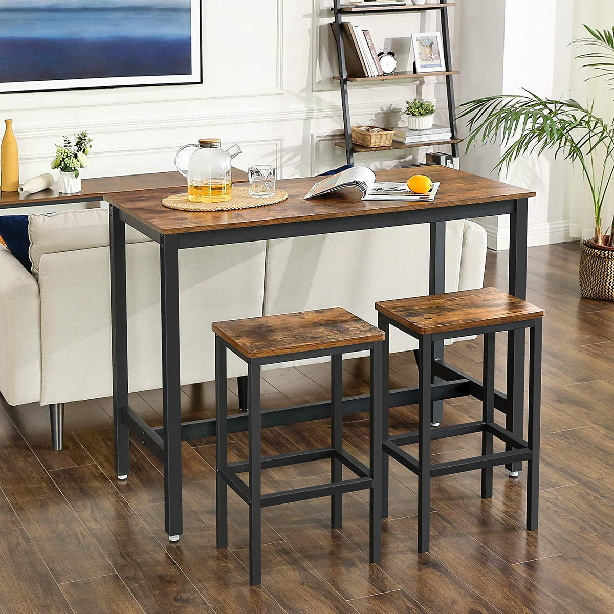 FurnStar - Bartafel Set met 2 Barkrukken – Eettafel Set – Industrieel Design – 120x60x90cm / 40x30x65cm-  Rustiek Bruin
