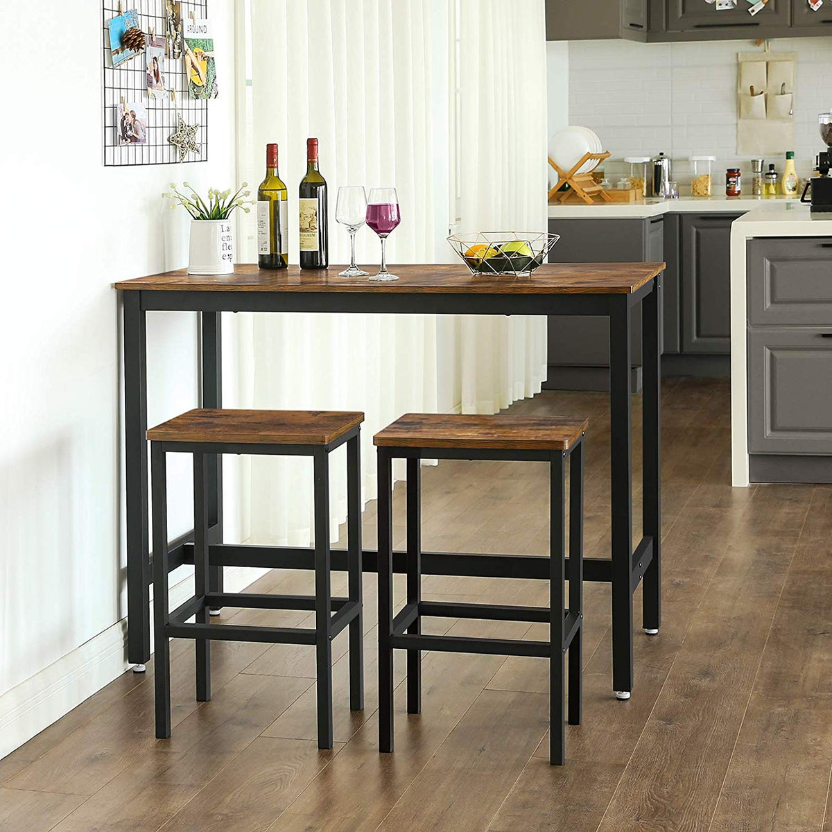 FurnStar - Bartafel Set met 2 Barkrukken – Eettafel Set – Industrieel Design – 120x60x90cm / 40x30x65cm-  Rustiek Bruin