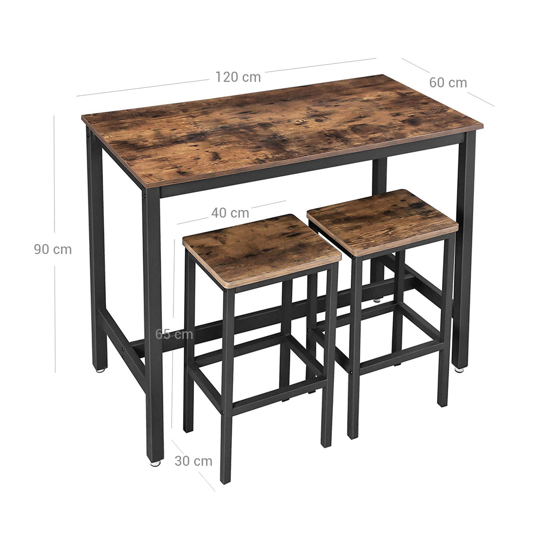 FurnStar - Bartafel Set met 2 Barkrukken – Eettafel Set – Industrieel Design – 120x60x90cm / 40x30x65cm-  Rustiek Bruin