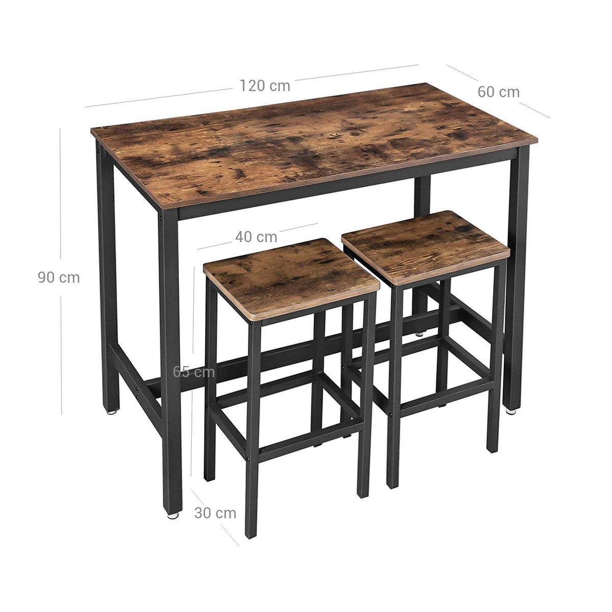 FurnStar - Bartafel Set met 2 Barkrukken – Eettafel Set – Industrieel Design – 120x60x90cm / 40x30x65cm-  Rustiek Bruin