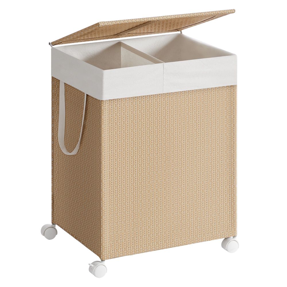 Furnstar HOME Wasmand met meerdere vakken - Wassorteerder op wieltjes met deksel - Rotan-look - Voor bijkeuken en badkamer - Beige/Wit