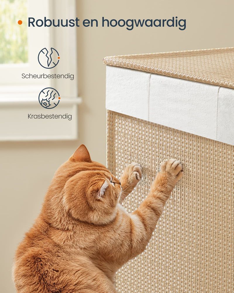 Furnstar HOME Wasmand met meerdere vakken - Wassorteerder op wieltjes met deksel - Rotan-look - Voor bijkeuken en badkamer - Beige/Wit
