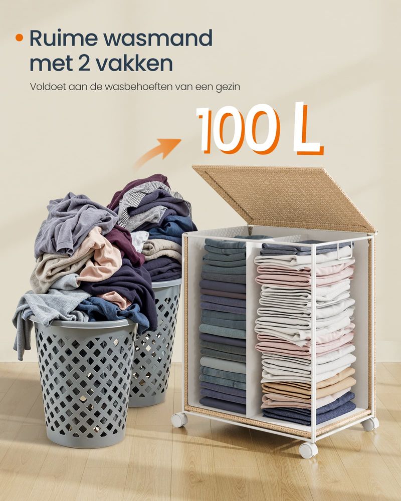 Furnstar HOME Wasmand met meerdere vakken - Wassorteerder op wieltjes met deksel - Rotan-look - Voor bijkeuken en badkamer - Beige/Wit