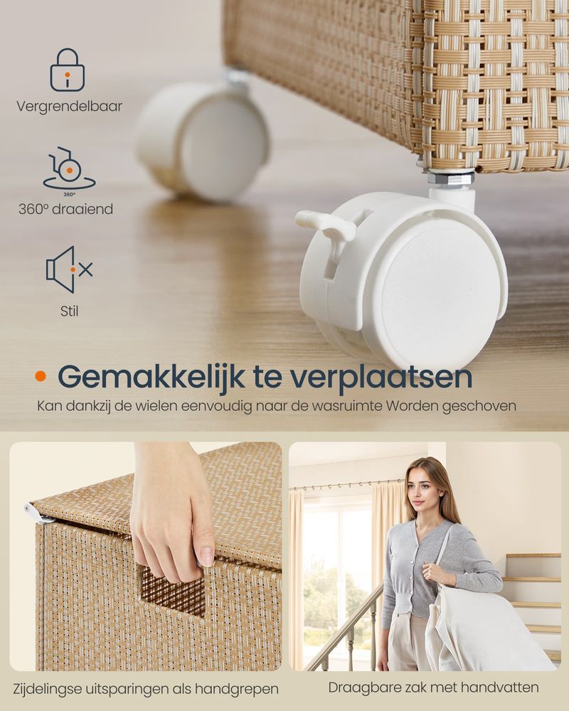 Furnstar HOME Wasmand met meerdere vakken - Wassorteerder op wieltjes met deksel - Rotan-look - Voor bijkeuken en badkamer - Beige/Wit