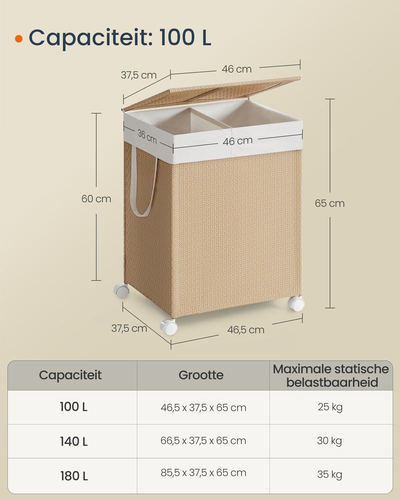 Furnstar HOME Wasmand met meerdere vakken - Wassorteerder op wieltjes met deksel - Rotan-look - Voor bijkeuken en badkamer - Beige/Wit