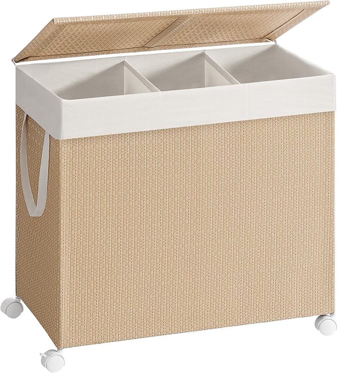 Furnstar HOME Wasmand met meerdere vakken - Wassorteerder op wieltjes met deksel - Rotan-look - Voor bijkeuken en badkamer - Beige/Wit
