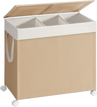 Furnstar HOME Wasmand met meerdere vakken - Wassorteerder op wieltjes met deksel - Rotan-look - Voor bijkeuken en badkamer - Beige/Wit