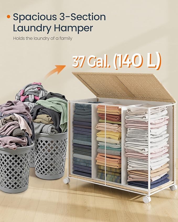 Furnstar HOME Wasmand met meerdere vakken - Wassorteerder op wieltjes met deksel - Rotan-look - Voor bijkeuken en badkamer - Beige/Wit