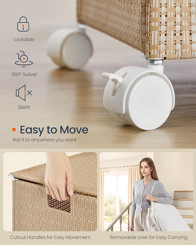 Furnstar HOME Wasmand met meerdere vakken - Wassorteerder op wieltjes met deksel - Rotan-look - Voor bijkeuken en badkamer - Beige/Wit