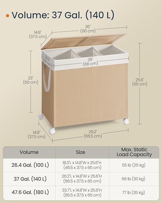 Furnstar HOME Wasmand met meerdere vakken - Wassorteerder op wieltjes met deksel - Rotan-look - Voor bijkeuken en badkamer - Beige/Wit