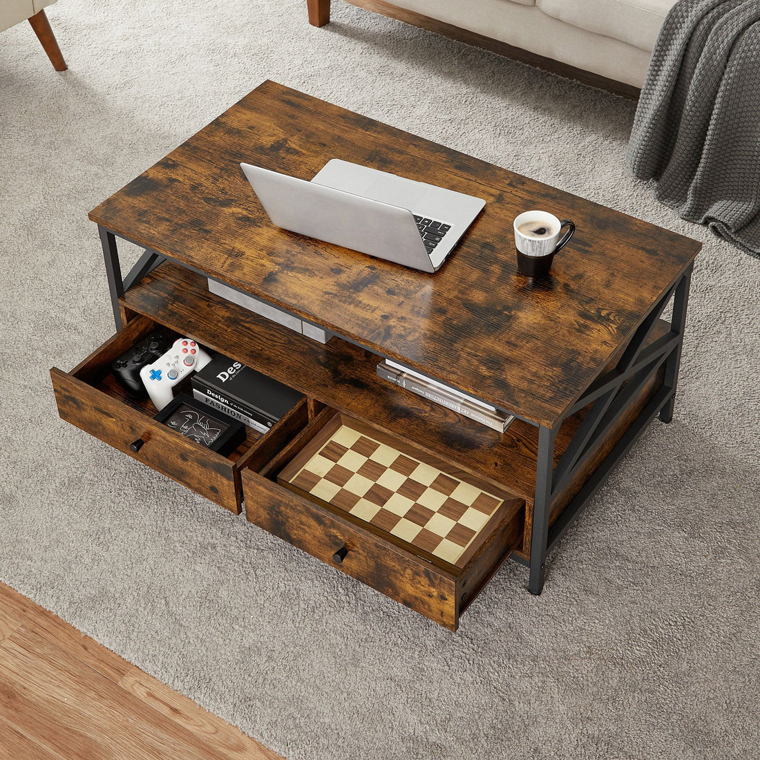FurnStar Salontafel met 2 Laden en Opbergvak – 100 x 55 x 45 cm – Industrieel Design – Rustiek Bruin/Zwart