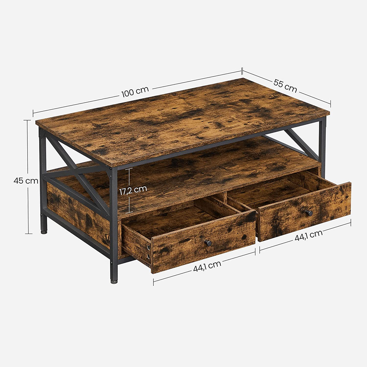 FurnStar Salontafel met 2 Laden en Opbergvak – 100 x 55 x 45 cm – Industrieel Design – Rustiek Bruin/Zwart