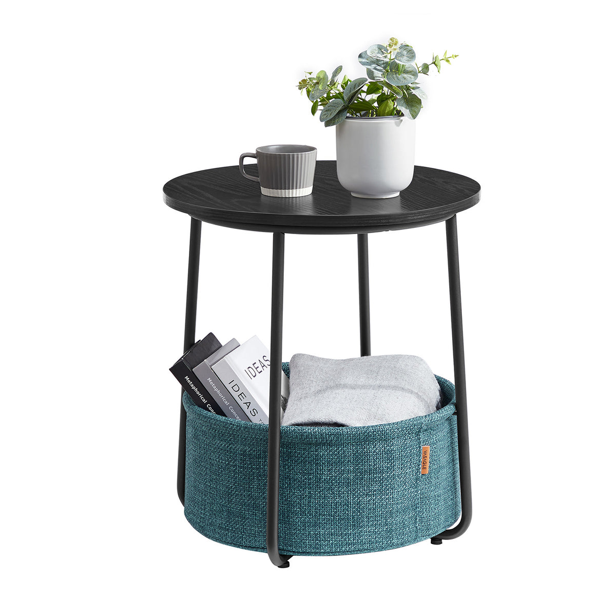 Furnstar Ronde Bijzettafel met Stoffen Opbergmand - Moderne Salontafel - Nachtkastje voor Woonkamer en Slaapkamer 45×45×51cm