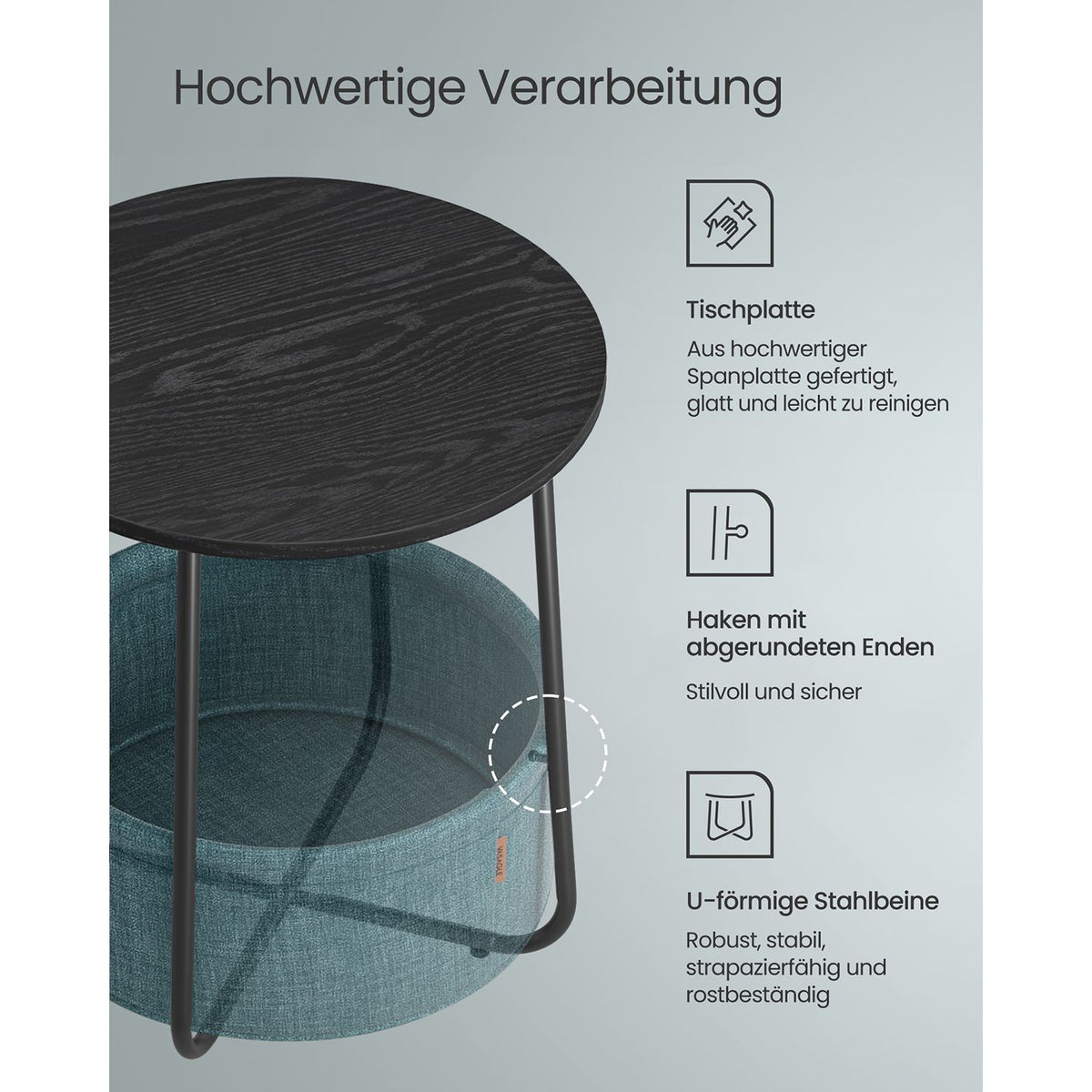 Furnstar Ronde Bijzettafel met Stoffen Opbergmand - Moderne Salontafel - Nachtkastje voor Woonkamer en Slaapkamer 45×45×51cm